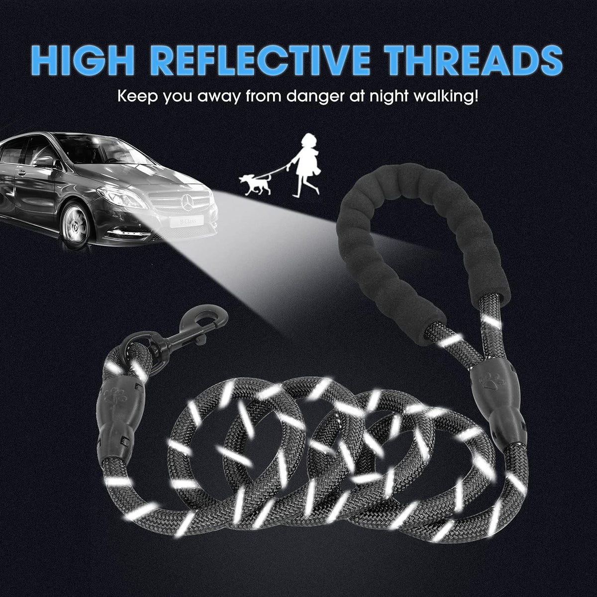 Reflective Dog Leash with Padded Handle - Heavy Duty, Night Safety